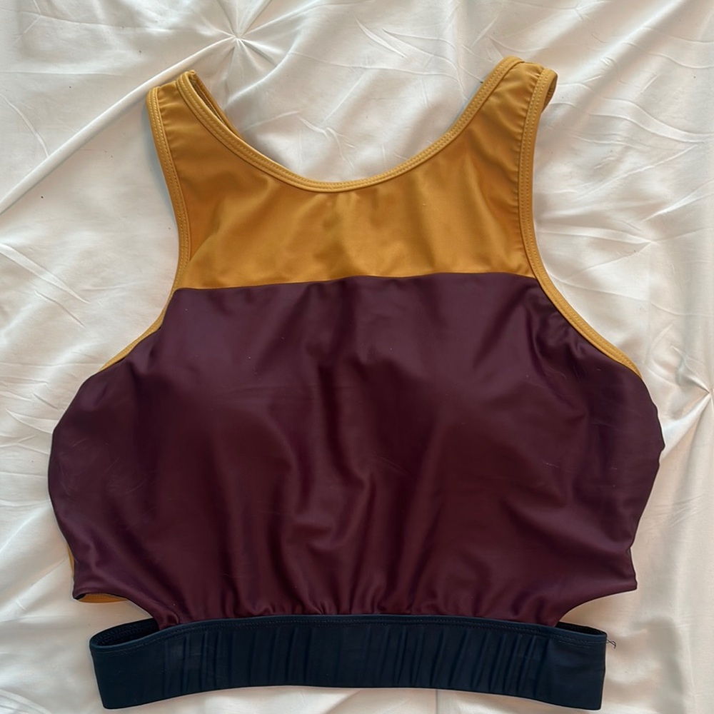 Yellow and Brown Color-Block Bikini Top